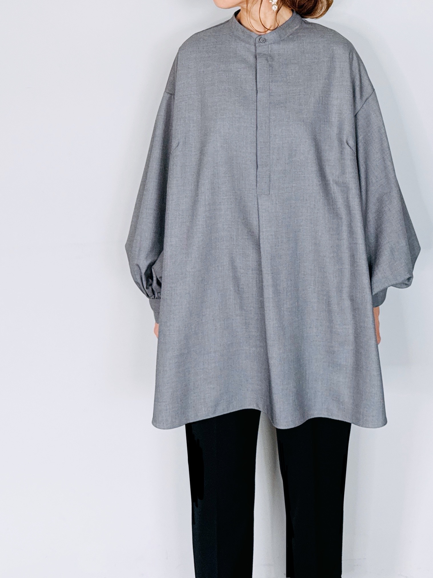 SALE✩.*˚ Aga バンドカラータックショートシャツ SHES(シーズ) chouchou別注 バンドカラーバックタックチュニック